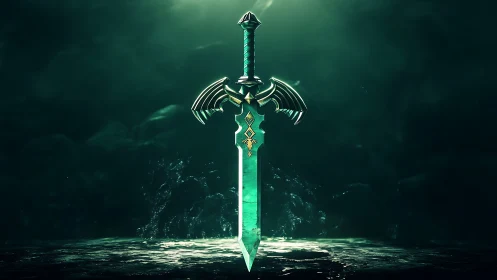 Emerald runeblade suspended in volumetric abyssal lighting.