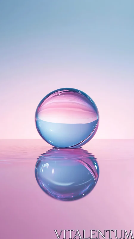 Glass sphere on reflective pink surface with soft light.