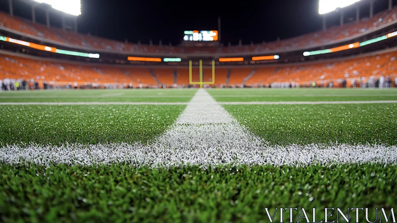 Night stadium turf converges toward illuminated goalposts.