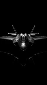 Stealth fighter jet emerges from shadow in dramatic symmetry