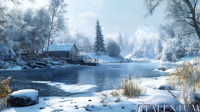 Cabin of hush and frost beside a glassy winter river.