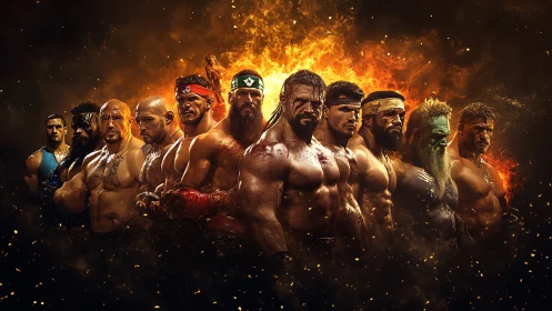 Muscular warrior lineup framed by infernal fire backdrop.