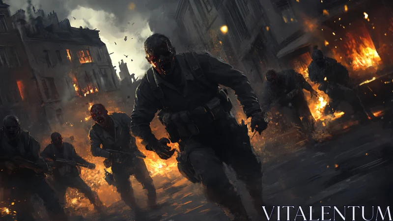 Undead soldiers charge through burning war-torn city street at night