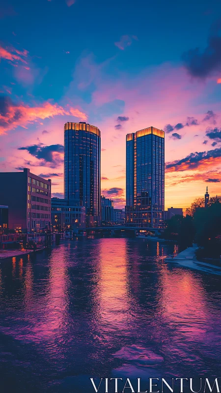 Golden city towers glowing over a peaceful sunset river.