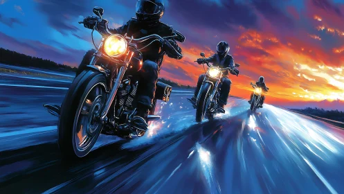 Triptych of motorcycles cutting wet asphalt under saturated dusk sky