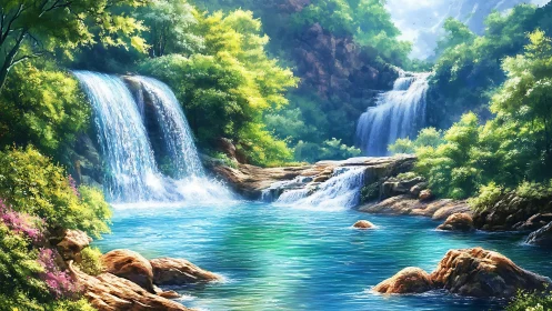 Peaceful twin waterfalls spilling into a clear blue lagoon.