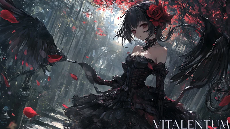 Gothic winged girl in black lace dress under crimson canopy