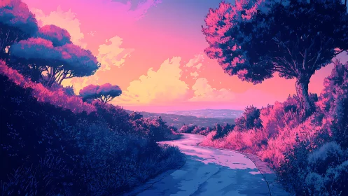 Neon dusk hillside road into a candy pink horizon dreamscape.