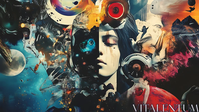 Surreal cyber dreamscape splitting cosmic and inner realms.