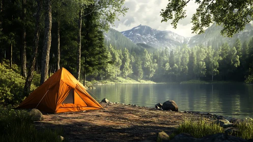 Sunny forest campsite invites quiet rest beside calm lake