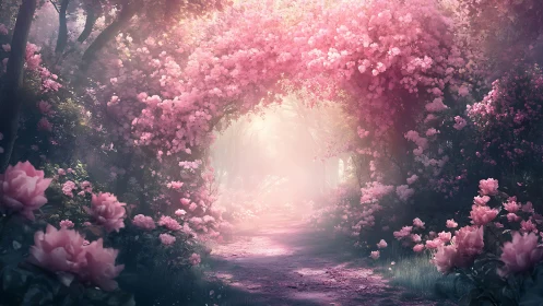 Enchanted blossom tunnel glows with soft ethereal morning light