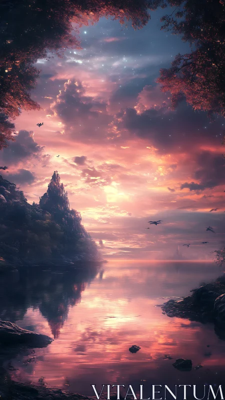 Fantasy mountain lake under glowing sunset sky reflection.