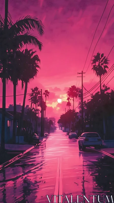 Radiant sunset street glows in dreamy neon pink light