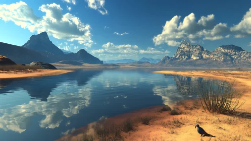 Desert lake mirror under wandering clouds and watchful bird.