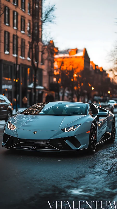 Blue sports coupe on wet city street at winter sunset.