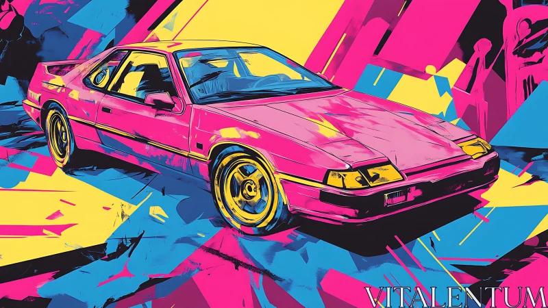 Neon magenta sports coupe in angular cyan and yellow field