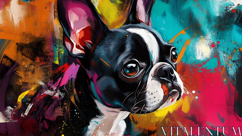Expressive Boston terrier portrait with high-saturation abstract splashes