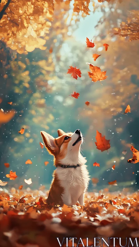 Corgi watches drifting autumn leaves in glowing forest