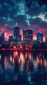 Neon skyline over riverfront high-rises with vivid reflections.