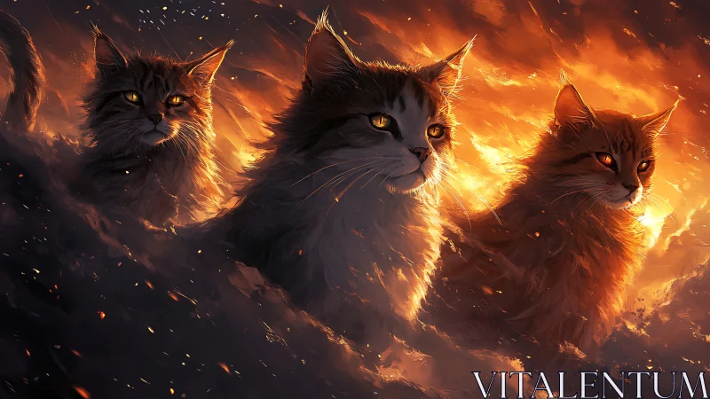 Infernal Trinity: Three Felines Wreathed in Cosmic Flame.