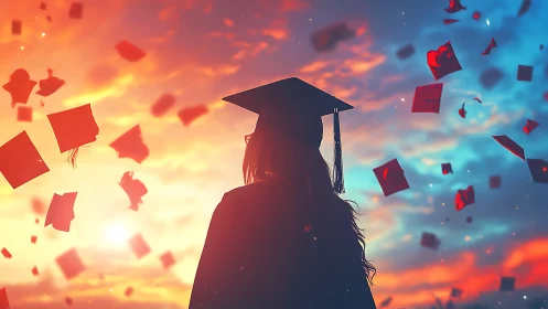 Silhouetted graduate watches caps rise under vivid sunset sky