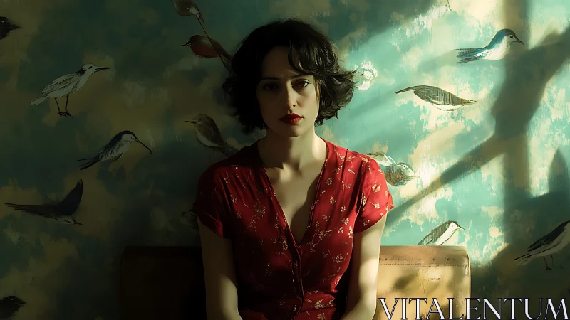 Bird-painted walls hold a quiet woman in drifting sunlight