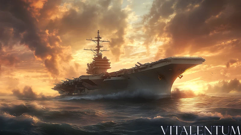Carrier battlecruiser cuts stormy sunset waves in golden light.
