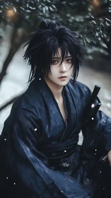 Quiet night warrior beneath drifting winter petals.