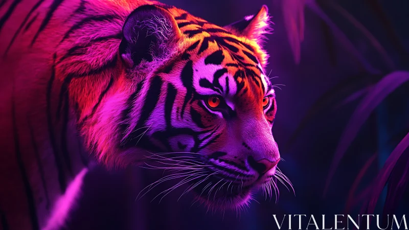 Neon-lit tiger profile in luminous magenta jungle glow.