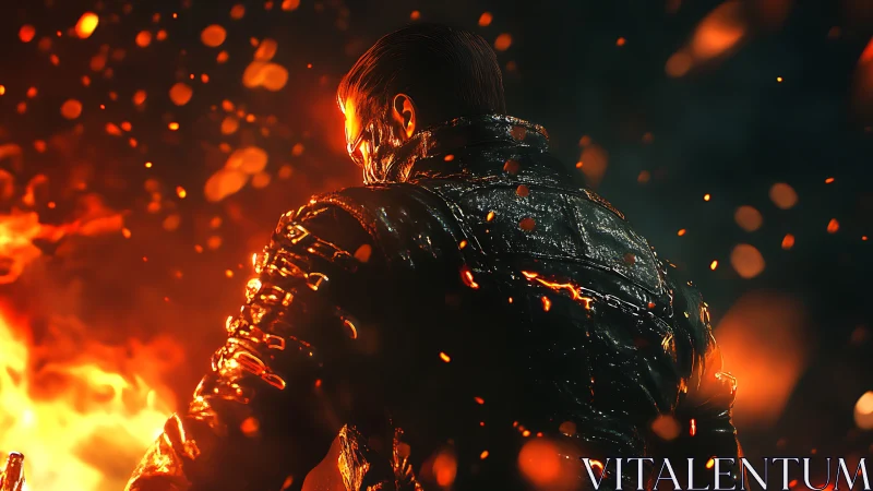 Fiery figure consumed by molten flames and ember particles