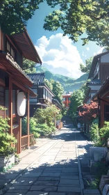 Quiet sunlit street in traditional Japanese village scene.