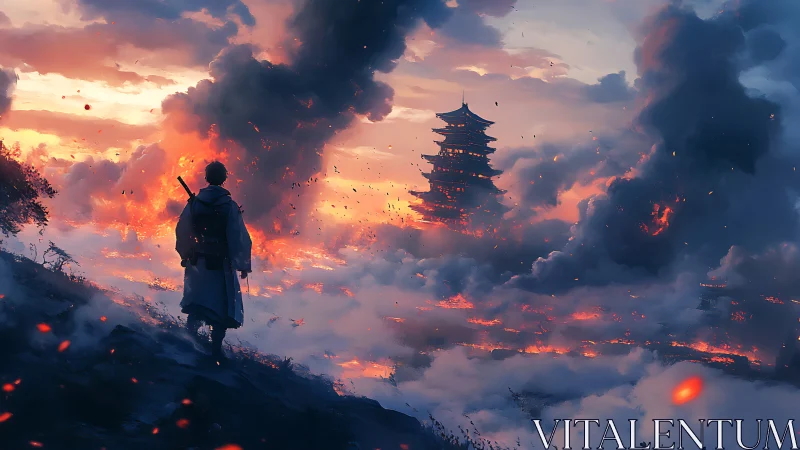 Lone samurai watches burning pagoda under blazing dusk sky.