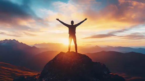 Silhouette celebrates sunrise atop mountain peak with outstretched arms