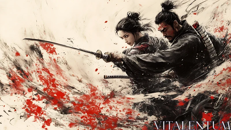 Samurai duo in dynamic sword arc rendered as digital ink