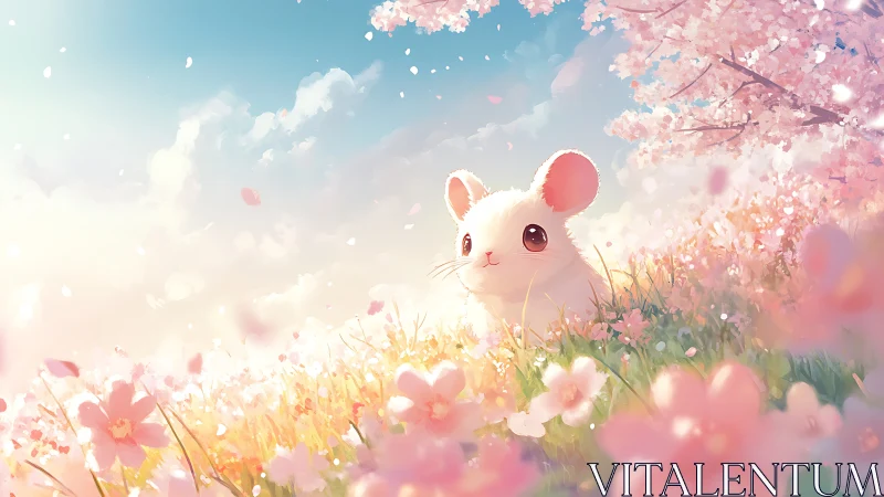Anime pastoral scene with white mouse amid cherry blossoms.