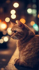 Cat gazing through golden city lights bokeh.