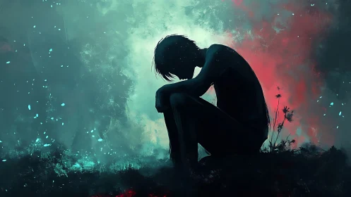 Silhouetted figure in melancholic digital painting composition.