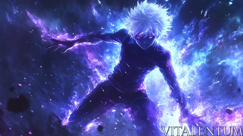Energetic white haired figure in blue and violet aura field.