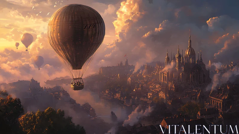 Sunlit airship drifts above ornate riverside steampunk city
