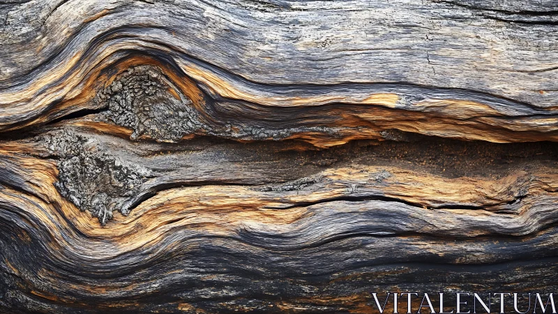 Weathered wood grain with layered bark and linear crevice.