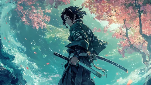 Wind-swept samurai with dual katanas under blooming sakura sky.