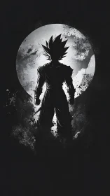 Saiyan warrior silhouette stands before a fractured moon.