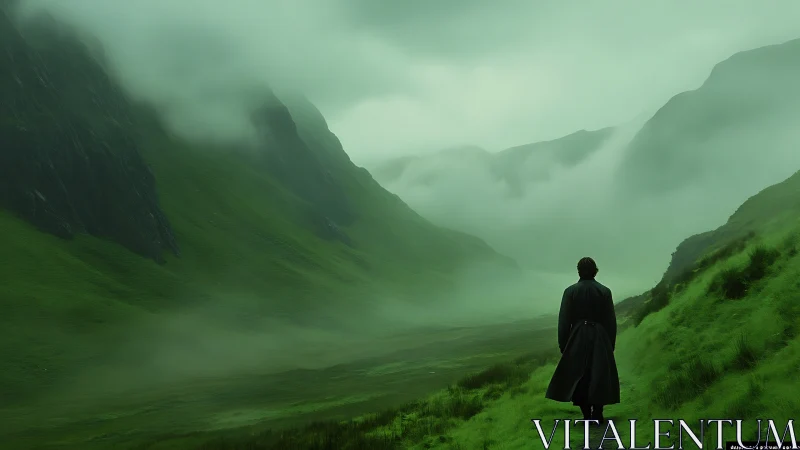 Solitary figure walks through misted green mountain valley