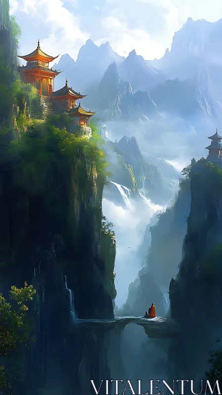 Mist-draped mountains cradle quiet temples above the abyss