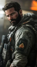 Battle-hardened tactician glaring through urban afterglow.