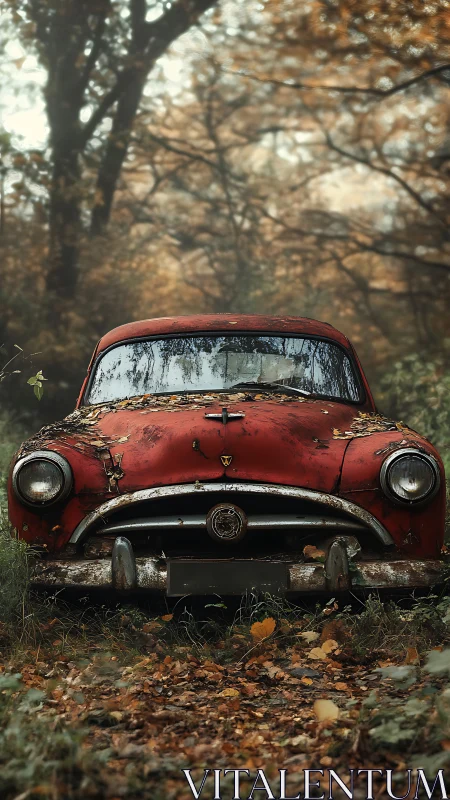 Front view of abandoned red vintage car in forest setting.