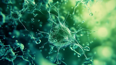 Shimmering microscopic cells float in a glowing green world