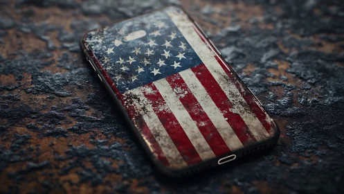 Weathered US flag phone case lies on corroded metal surface
