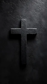 Textured black stone cross under controlled low-key lighting.