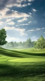Sunlit golf fairway curves through misty morning landscape.